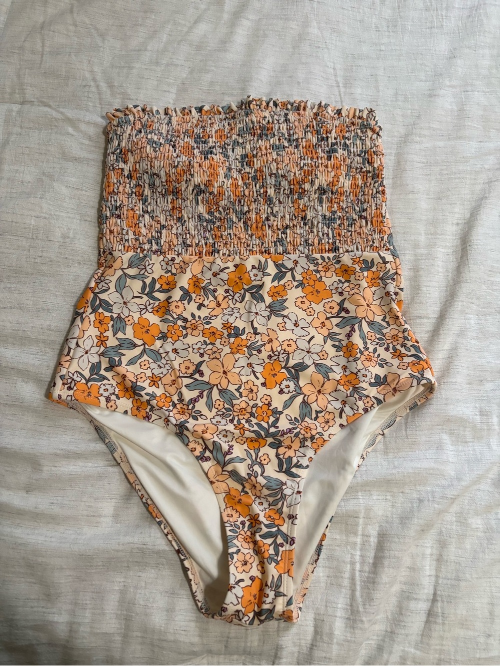 Cupshe Cream & Orange Floral Smocked One-Piece Swim Bodysuit